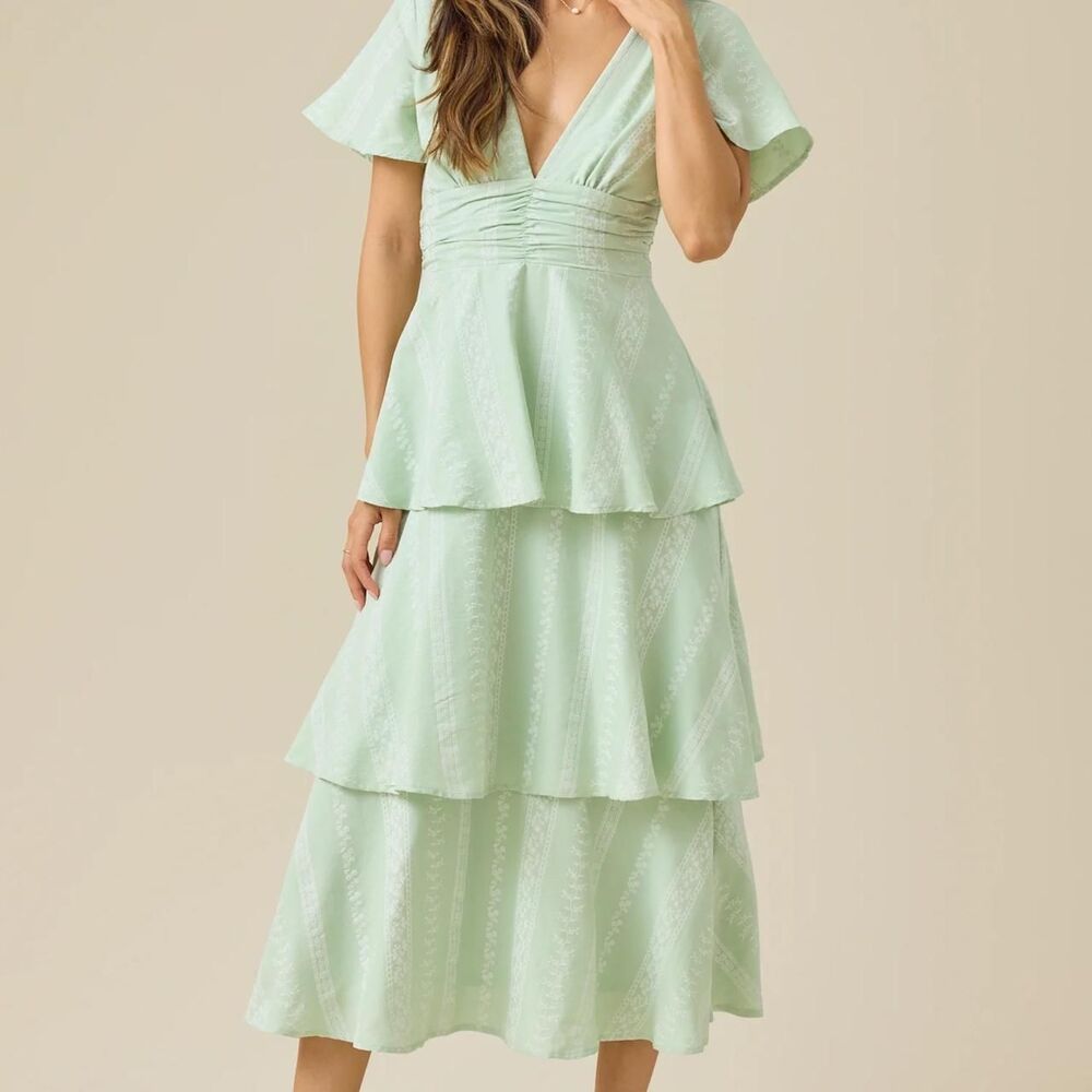 NWT Altar'd State Annie Embroidered Ruffle Midi Dress Sage Green Size Large